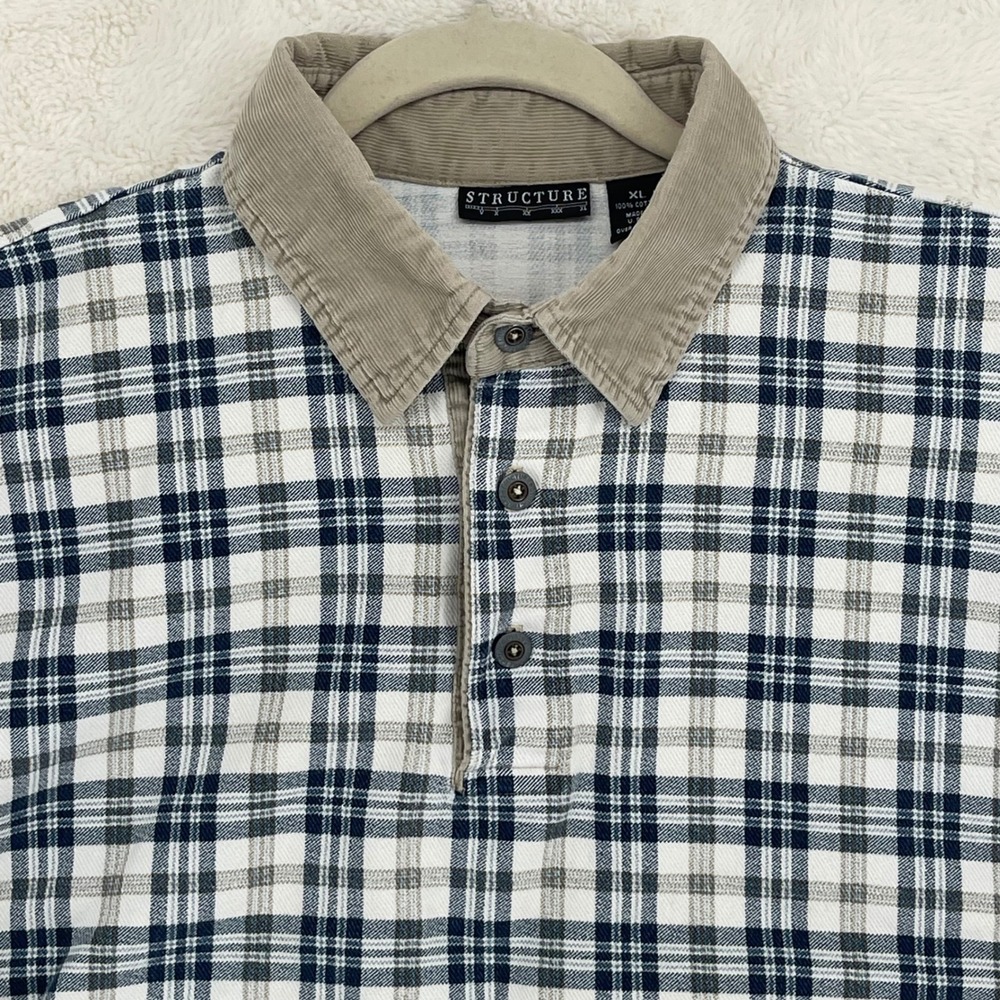 Vintage Structure Mens XL Plaid Polo Shirt Corduroy Collar Long Sleeve Blue 90s